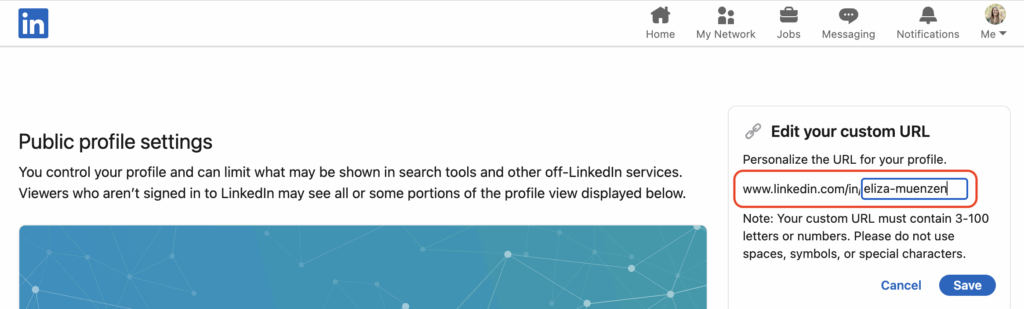 LinkedIn editing your custom URL to add it your resume.