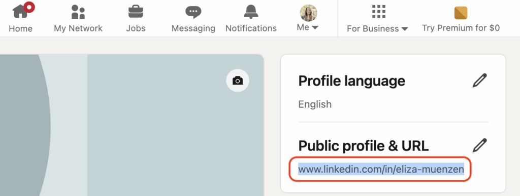Highlighted customized URL under LinkedIn public profile and URL field.