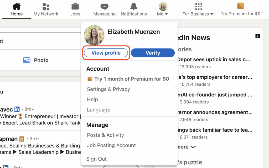 LinkedIn view profile button to access profile URL customization.