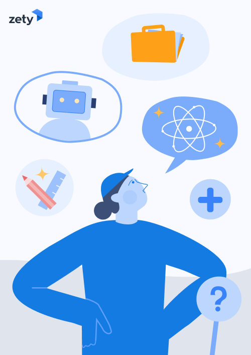 Illustration of a person looking up at floating icons representing a briefcase, a robot, science, math, and design, holding a question mark.