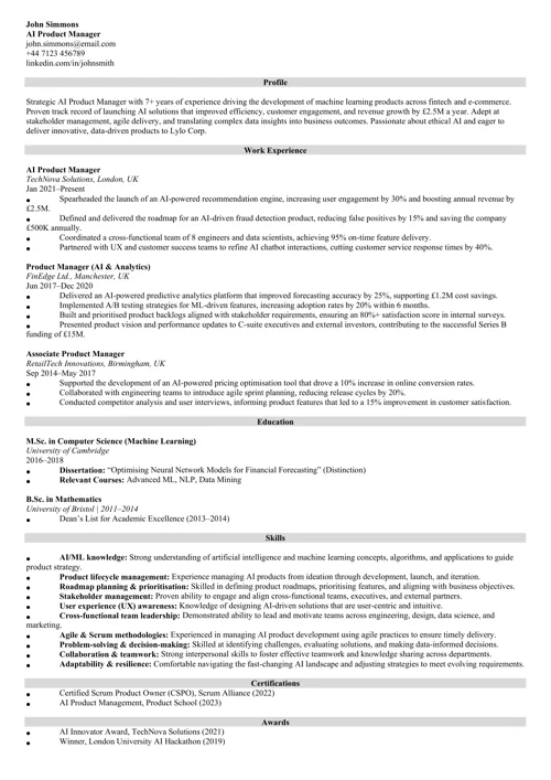 AI product manager CV example by Zety US CV templates
