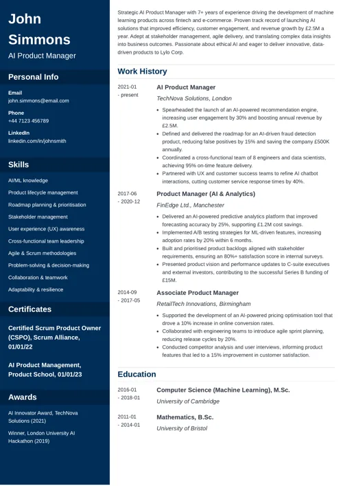 AI product manager CV example by Zety US CV templates