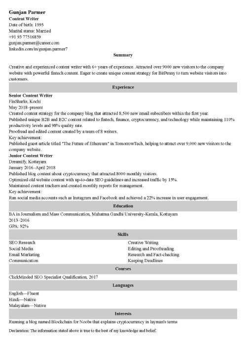 Content Writer Resume Sample