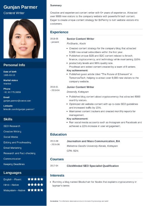 Content Writer Resume Sample