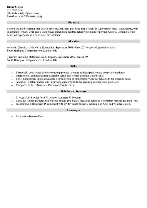 sample CV for a 16-year-old