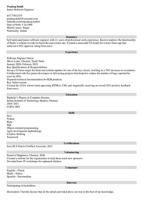 CV for Freshers Example