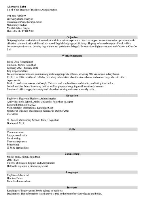 declaration in resume example
