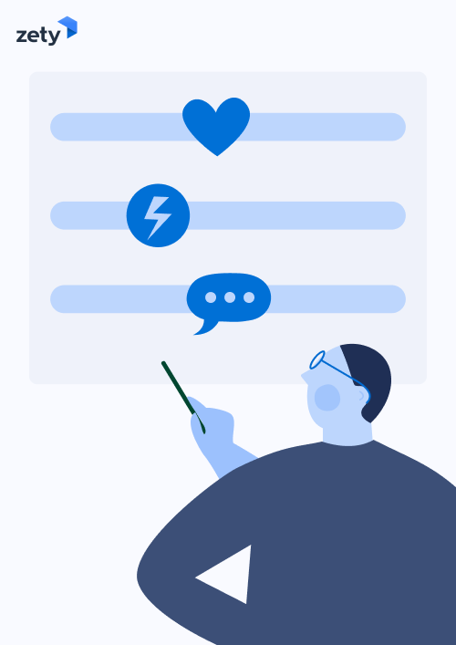 Person analyzing three variables on screen, including heart (romance), lightning bolt (speedy updates), and speech bubble (networking)