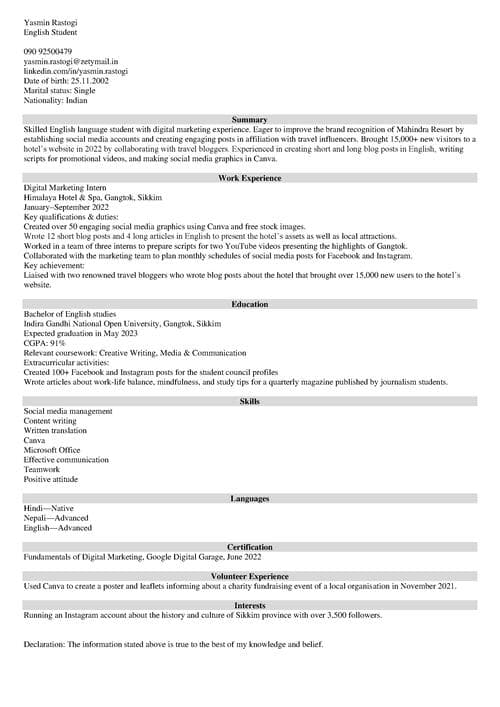 Resume Summary For Freshers Zety Us Cta