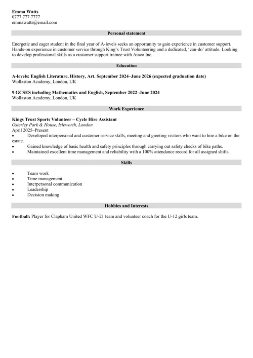 School Leaver CV