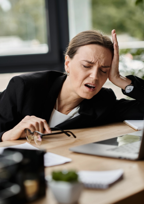 Stressed Gen X professional leaning on her desk beside a laptop, capturing employee exhaustion and job burnout.
