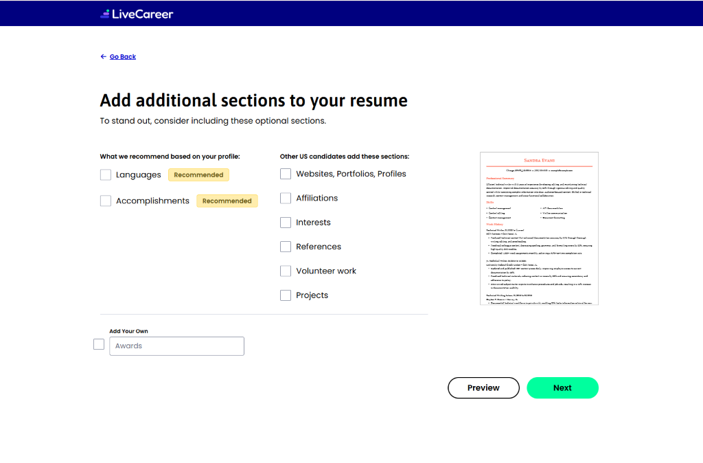 LiveCareer resume builder screenshot