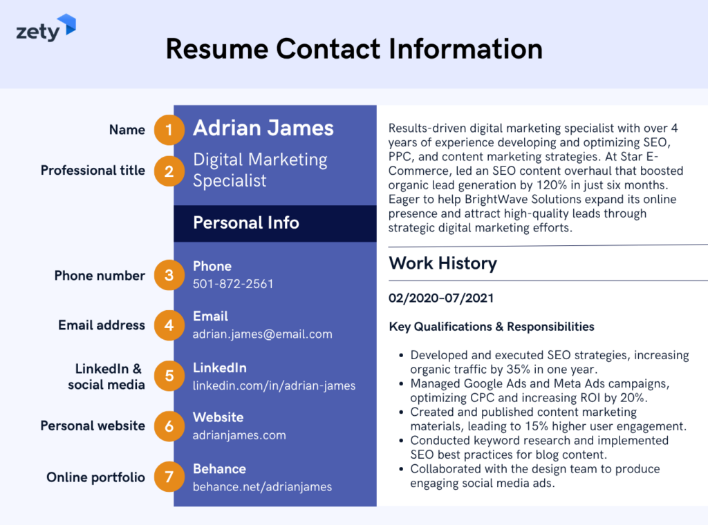 Infographic by Zety showing how to structure resume contact information using sample candidate details. It highlights seven numbered fields: name, professional title, phone number, email address, LinkedIn/social media, personal website, and online portfolio.