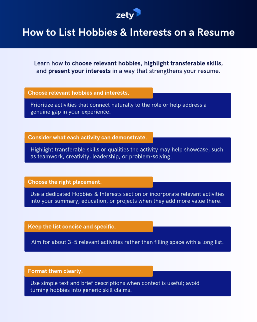 Infographic outlining 5 steps for adding hobbies to a resume: select relevant activities, showcase transferable skills, pick proper placement, limit to 3–5 concise items, and format with clear, simple text.