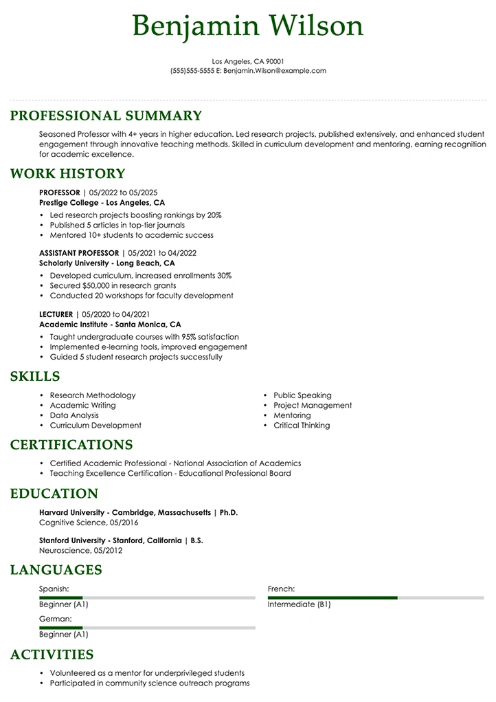 professor cv example